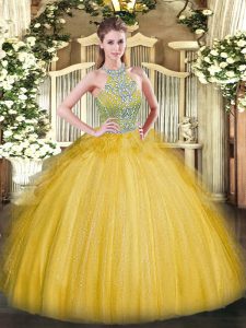 Fabulous Floor Length Lace Up Quinceanera Dresses Gold for Military Ball and Sweet 16 and Quinceanera with Beading and Ruffles