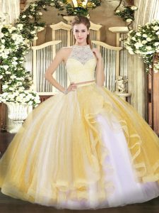 Gold Two Pieces Lace and Ruffles Sweet 16 Quinceanera Dress Zipper Tulle Sleeveless Floor Length