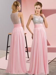 Designer Baby Pink Chiffon Side Zipper Prom Gown Sleeveless Floor Length Beading