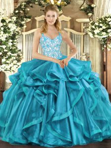Sexy Teal 15th Birthday Dress Sweet 16 and Quinceanera with Beading and Appliques and Ruffles Straps Sleeveless Lace Up