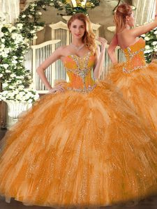 Inexpensive Sweetheart Sleeveless 15 Quinceanera Dress Beading and Ruffles Orange Organza