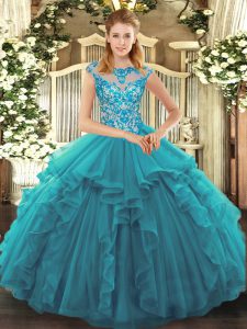 Comfortable Teal Cap Sleeves Organza Lace Up Quinceanera Gowns for Sweet 16 and Quinceanera