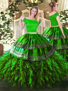 Artistic Off The Shoulder Short Sleeves Zipper Quinceanera Gowns Green Organza and Taffeta
