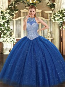 Popular Royal Blue Ball Gowns Halter Top Sleeveless Tulle Floor Length Lace Up Beading Quinceanera Dress