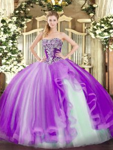 Attractive Lavender Sleeveless Floor Length Beading and Ruffles Lace Up Quinceanera Gowns