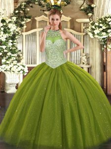 Custom Made Beading Quinceanera Dress Olive Green Lace Up Sleeveless Floor Length