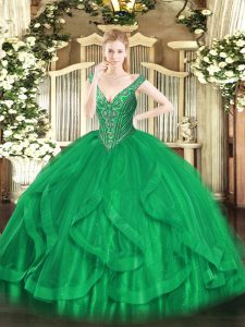 V-neck Sleeveless Tulle Quinceanera Gowns Beading and Ruffles Lace Up