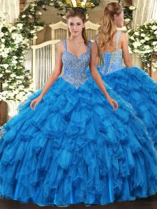 Pretty Blue Organza Lace Up Quinceanera Gown Sleeveless Floor Length Beading and Ruffles