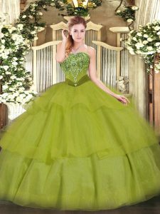 Cheap Olive Green Sweet 16 Dresses Military Ball and Sweet 16 and Quinceanera with Beading and Ruffled Layers Strapless Sleeveless Lace Up