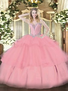 Trendy Sleeveless Tulle Floor Length Lace Up Quince Ball Gowns in Baby Pink with Beading and Ruffled Layers