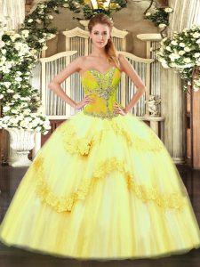 Yellow Ball Gowns Sweetheart Sleeveless Tulle Floor Length Lace Up Beading and Ruffles Sweet 16 Quinceanera Dress