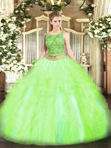 Classical Two Pieces Sweet 16 Dress Yellow Green Scoop Tulle Sleeveless Floor Length Lace Up