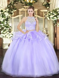 Custom Made Lavender Two Pieces Scoop Sleeveless Tulle Floor Length Zipper Lace Sweet 16 Dress