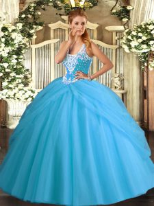 Clearance Aqua Blue Sleeveless Floor Length Beading and Pick Ups Lace Up Sweet 16 Dress