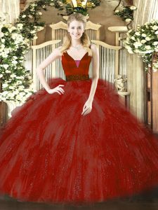 Exquisite Straps Sleeveless Zipper Quinceanera Dresses Wine Red Tulle