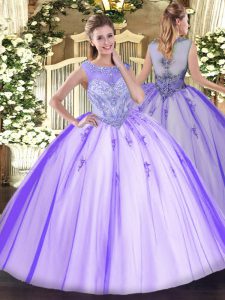 Custom Made Lavender Tulle Zipper Ball Gown Prom Dress Sleeveless Floor Length Beading and Appliques