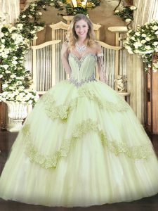 Chic Tulle Sweetheart Sleeveless Lace Up Beading and Appliques Quince Ball Gowns in Yellow Green