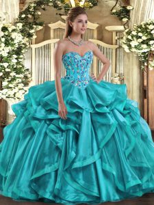 Teal Lace Up Sweetheart Embroidery and Ruffles 15th Birthday Dress Organza Sleeveless