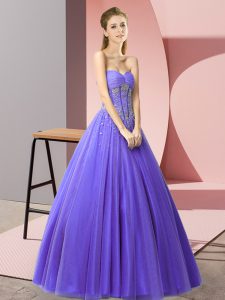 Discount Lavender Tulle Lace Up Dress for Prom Sleeveless Floor Length Beading
