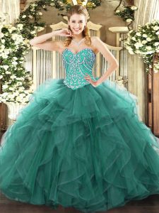 Beading and Ruffles Quince Ball Gowns Turquoise Lace Up Sleeveless Floor Length