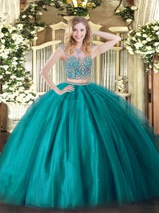 Elegant Beading Quince Ball Gowns Teal Lace Up Sleeveless Floor Length