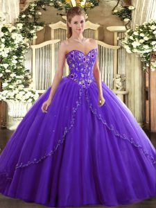 Popular Purple Lace Up Sweetheart Appliques and Embroidery Sweet 16 Dresses Tulle Sleeveless Brush Train