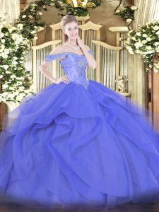 Sleeveless Tulle Floor Length Lace Up Ball Gown Prom Dress in Blue with Beading and Ruffles