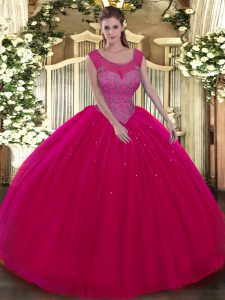Hot Pink Ball Gowns Tulle Scoop Sleeveless Beading Floor Length Backless 15 Quinceanera Dress