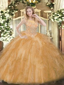 Gold Ball Gowns Beading and Ruffles Sweet 16 Quinceanera Dress Zipper Tulle Sleeveless Floor Length