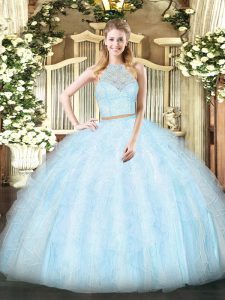 Deluxe Floor Length Two Pieces Sleeveless Light Blue Quince Ball Gowns Zipper