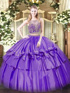 Superior Lavender Lace Up Quinceanera Gowns Beading and Ruffled Layers Sleeveless Floor Length