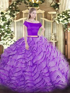 Hot Selling Appliques and Ruffles 15 Quinceanera Dress Lavender Zipper Short Sleeves Brush Train