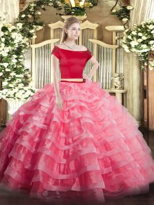 Short Sleeves Floor Length Appliques and Ruffled Layers Zipper Quinceanera Dresses with Watermelon Red