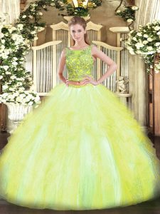 Customized Yellow Green Tulle Lace Up Scoop Sleeveless Floor Length Quince Ball Gowns Beading and Ruffles