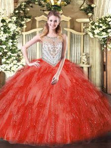 Floor Length Coral Red Quinceanera Gown Tulle Sleeveless Beading and Ruffles