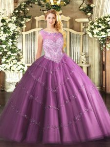 Sleeveless Tulle Floor Length Zipper Sweet 16 Dress in Lilac with Beading
