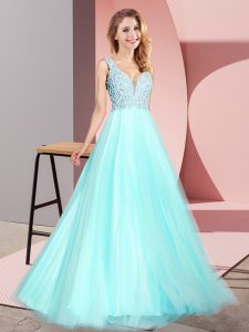 Aqua Blue V-neck Neckline Lace Prom Dress Sleeveless Zipper