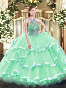 Floor Length Apple Green Sweet 16 Dress Halter Top Sleeveless Lace Up
