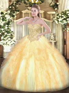 Cheap Champagne Sleeveless Appliques and Ruffles Floor Length Quince Ball Gowns