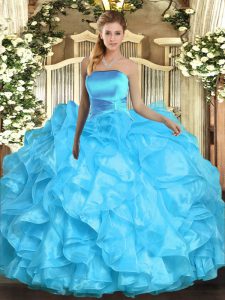 Aqua Blue Sleeveless Floor Length Ruffles Lace Up Quinceanera Gowns