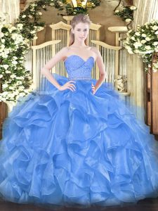 Baby Blue Ball Gowns Organza Sweetheart Sleeveless Beading and Lace and Ruffles Floor Length Zipper Vestidos de Quinceanera