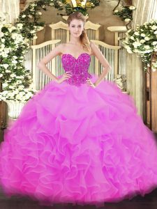 High Class Fuchsia Sleeveless Organza Lace Up Sweet 16 Dresses for Military Ball and Sweet 16 and Quinceanera