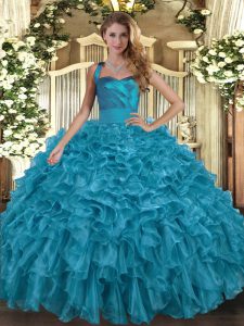 Teal Ball Gowns Halter Top Sleeveless Organza Floor Length Lace Up Ruffles 15th Birthday Dress
