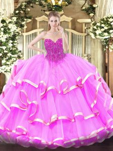 Fuchsia Organza Lace Up Sweetheart Sleeveless Floor Length Quinceanera Dress Lace