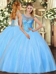 Fashionable Ball Gowns Quince Ball Gowns Baby Blue Scoop Tulle Sleeveless Floor Length Lace Up