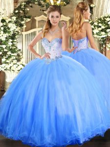 Beautiful Baby Blue Ball Gowns Beading Quinceanera Gowns Lace Up Tulle Sleeveless Floor Length