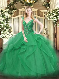 V-neck Sleeveless Quinceanera Gown Floor Length Beading and Ruffles Turquoise Tulle