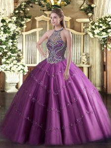 Lilac Ball Gowns Tulle Halter Top Sleeveless Beading Floor Length Lace Up 15th Birthday Dress