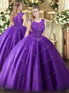 Dazzling Sleeveless Floor Length Beading and Appliques Zipper Sweet 16 Dress with Purple