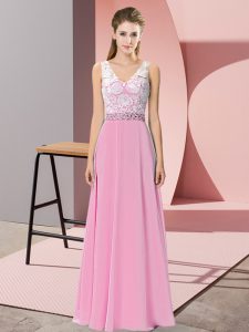Glamorous Rose Pink Chiffon and Lace Backless Homecoming Dress Sleeveless Floor Length Beading